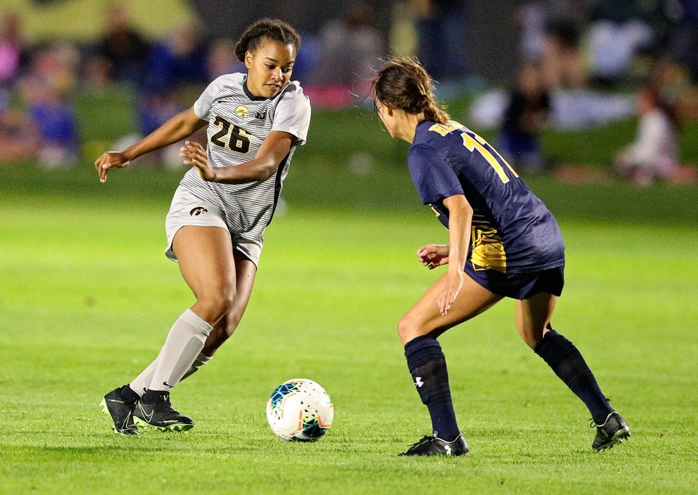 Iowa midfielder/forward Melina Hegelheimer (26) tries to get around a defender during the first half of their match at the Iowa Soccer Complex in Iowa City on Friday, Sep 13, 2019. (Stephen Mally/hawkeyesports.com)