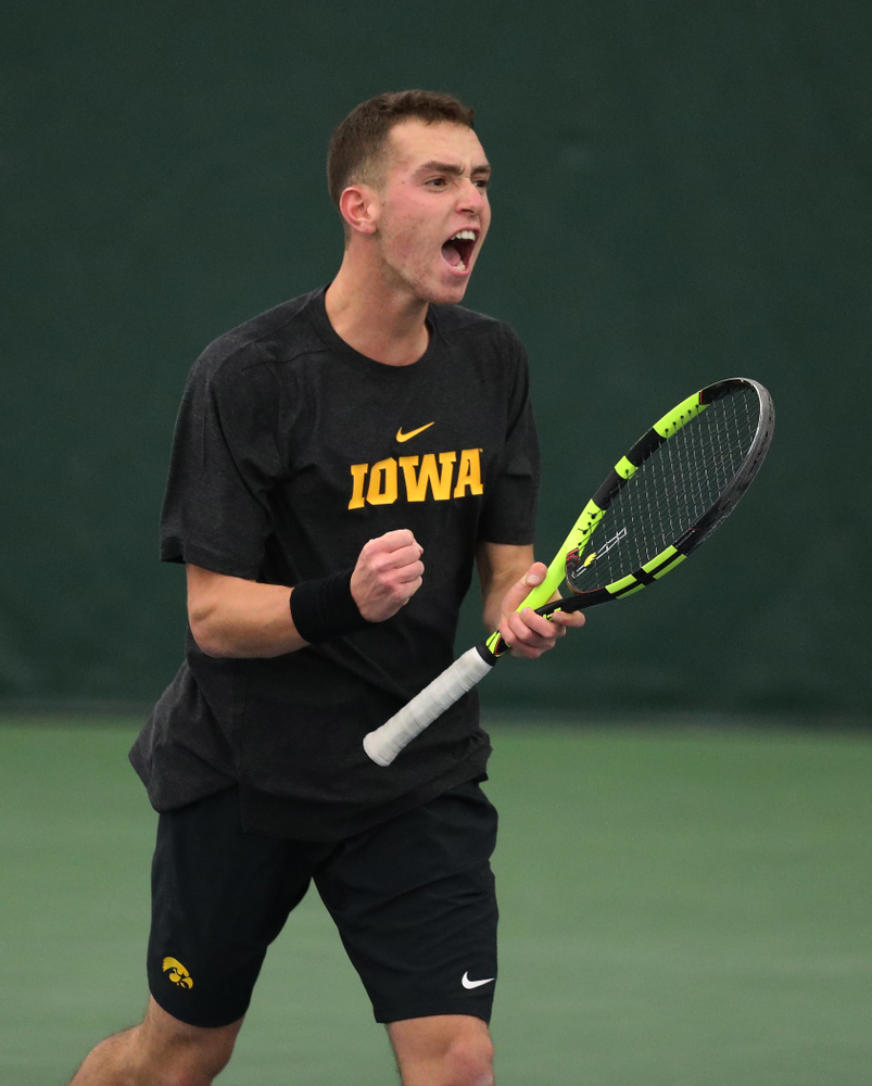 Will Davies and Oliver Okonkwo plays a doubles match against the Miami Hurricanes Friday, February 8, 2019 at the Hawkeye Tennis and Recreation Complex. (Brian Ray/hawkeyesports.com)