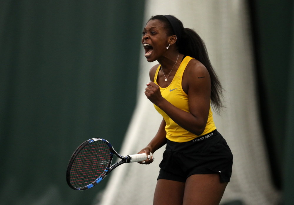 Iowa's Adorabol Huckleby against the Iowa State Cyclones Friday, February 8, 2019 at the Hawkeye Tennis and Recreation Complex. (Brian Ray/hawkeyesports.com)