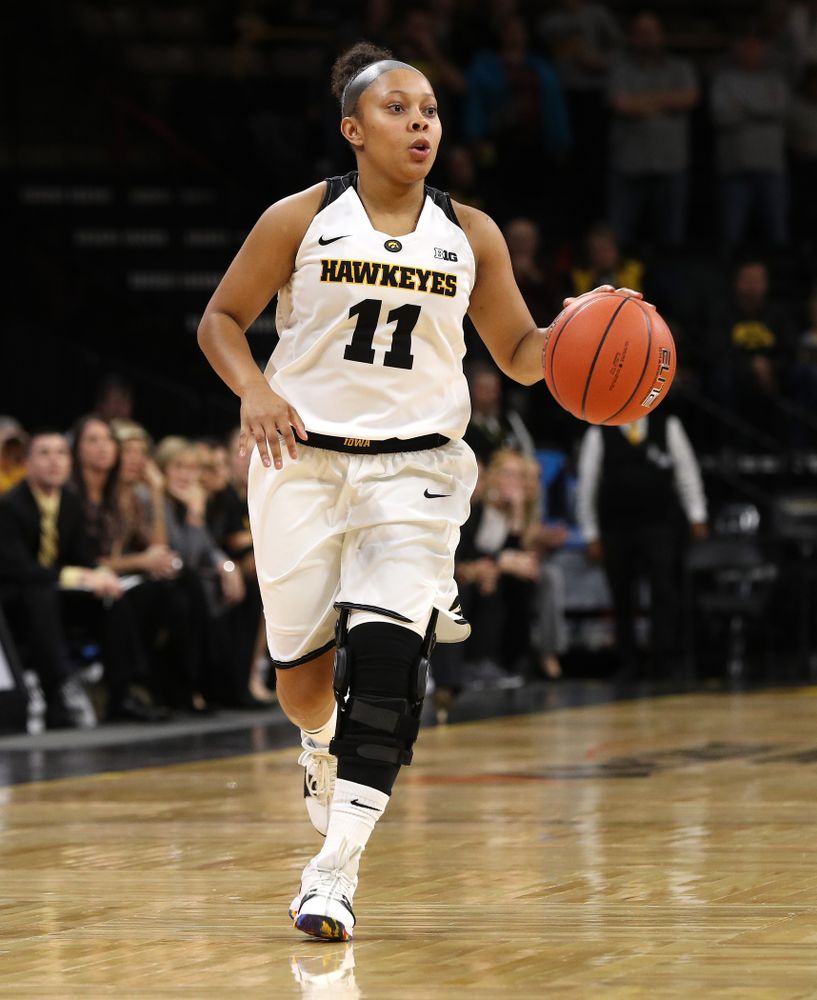 Iowa Hawkeyes guard Tania Davis (11) against Dakota Wesleyan University Tuesday, November 6, 2018 at Carver-Hawkeye Arena. (Brian Ray/hawkeyesports.com)