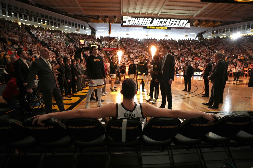 Iowa Hawkeyes forward Luka Garza (55) is introduced before their game against the Illinois Fighting Illini Sunday, February 2, 2020 at Carver-Hawkeye Arena. (Brian Ray/hawkeyesports.com)