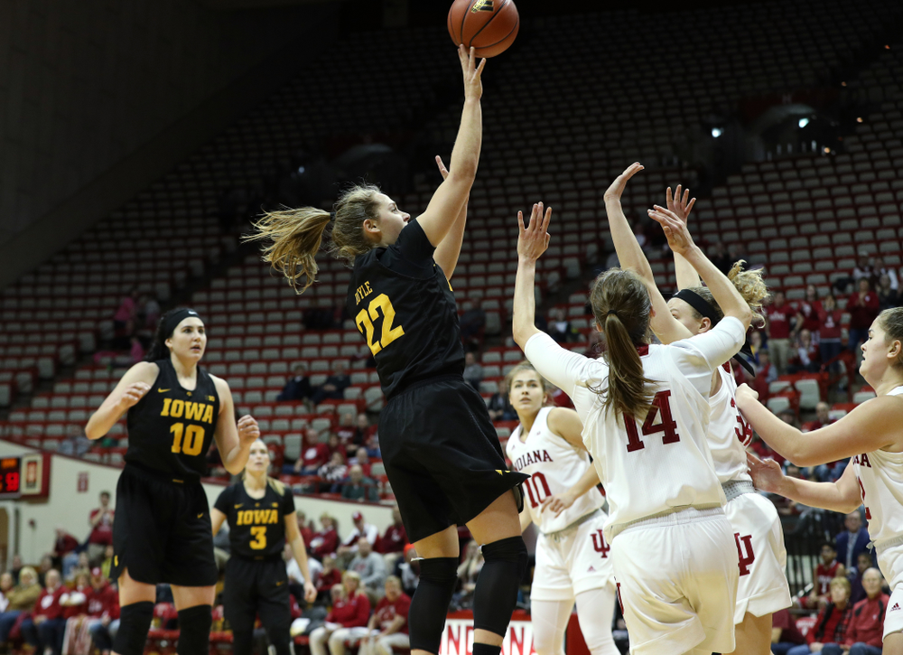Iowa Hawkeyes guard Kathleen Doyle (22) against the Indiana Hoosiers Thursday, February 21, 2019 at Simon Skjodt Assembly Hall. (Brian Ray/hawkeyesports.com)