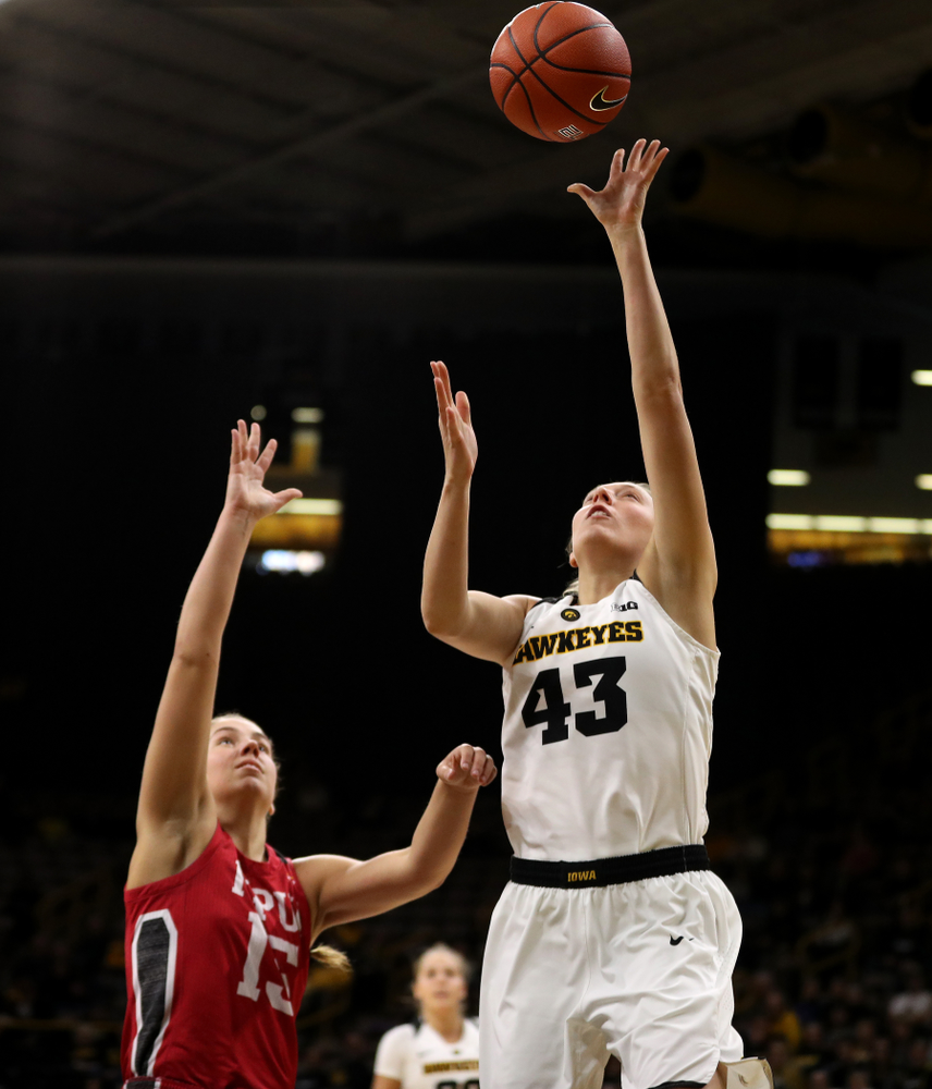 Iowa Hawkeyes forward Amanda Ollinger (43) against the IUPUI Jaguars Saturday, December 8, 2018 at Carver-Hawkeye Arena. (Brian Ray/hawkeyesports.com)