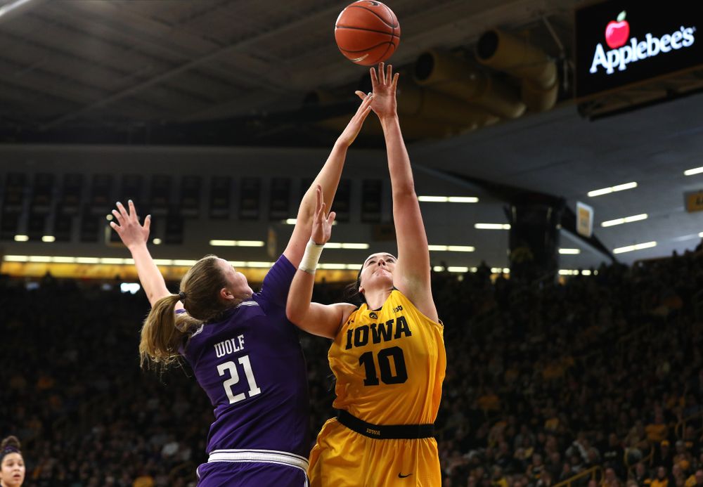 Iowa Hawkeyes forward Megan Gustafson (10) against the Northwestern Wildcats Sunday, March 3, 2019 at Carver-Hawkeye Arena. (Brian Ray/hawkeyesports.com)