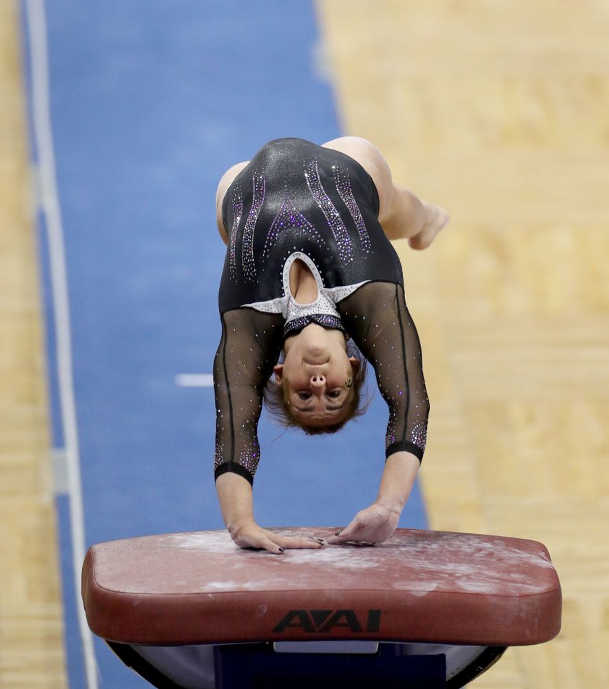 Iowa’s Daniela Castillo competes on the vault against Michigan State Saturday, February 1, 2020 at Carver-Hawkeye Arena. (Brian Ray/hawkeyesports.com)