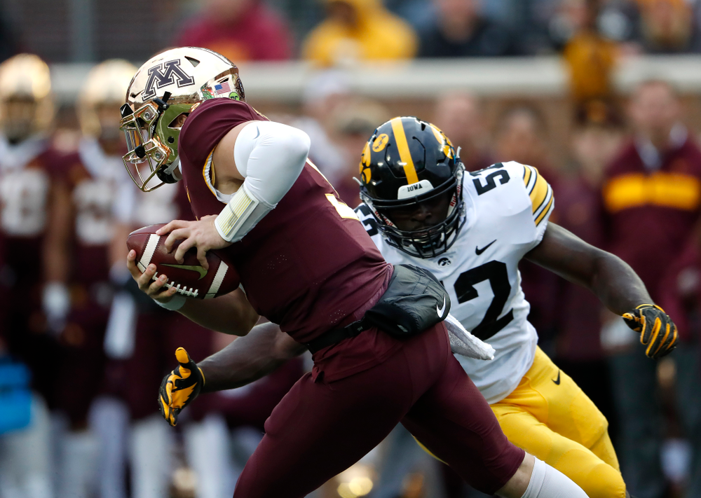 Iowa Hawkeyes linebacker Amani Jones (52) against the Minnesota Golden Gophers Saturday, October 6, 2018 at TCF Bank Stadium. (Brian Ray/hawkeyesports.com)