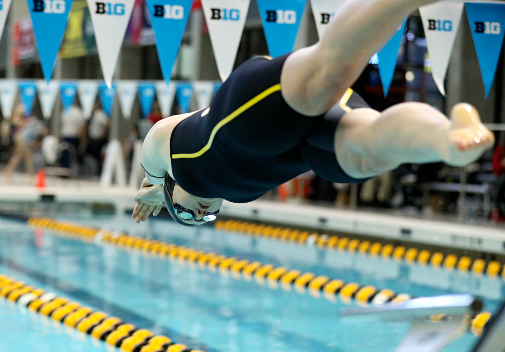 Iowa’s Christina Crane swims in the women’s 100 yard breaststroke time trial event during the 2020 Women’s Big Ten Swimming and Diving Championships at the Campus Recreation and Wellness Center in Iowa City on Saturday, February 22, 2020. (Stephen Mally/hawkeyesports.com)