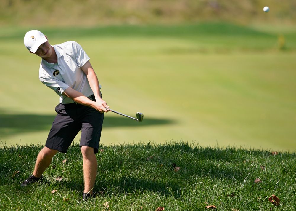 Iowa’s Matthew Garside chips onto the green during the second day of the Golfweek Conference Challenge at the Cedar Rapids Country Club in Cedar Rapids on Monday, Sep 16, 2019. (Stephen Mally/hawkeyesports.com)
