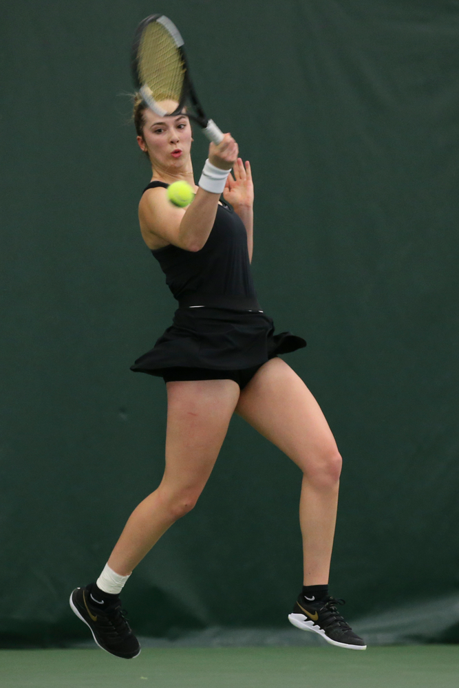 Iowa’s Samantha Mannix returns a hit during the Iowa women’s tennis meet vs UNI on Saturday, February 29, 2020 at the Hawkeye Tennis and Recreation Complex. (Lily Smith/hawkeyesports.com)