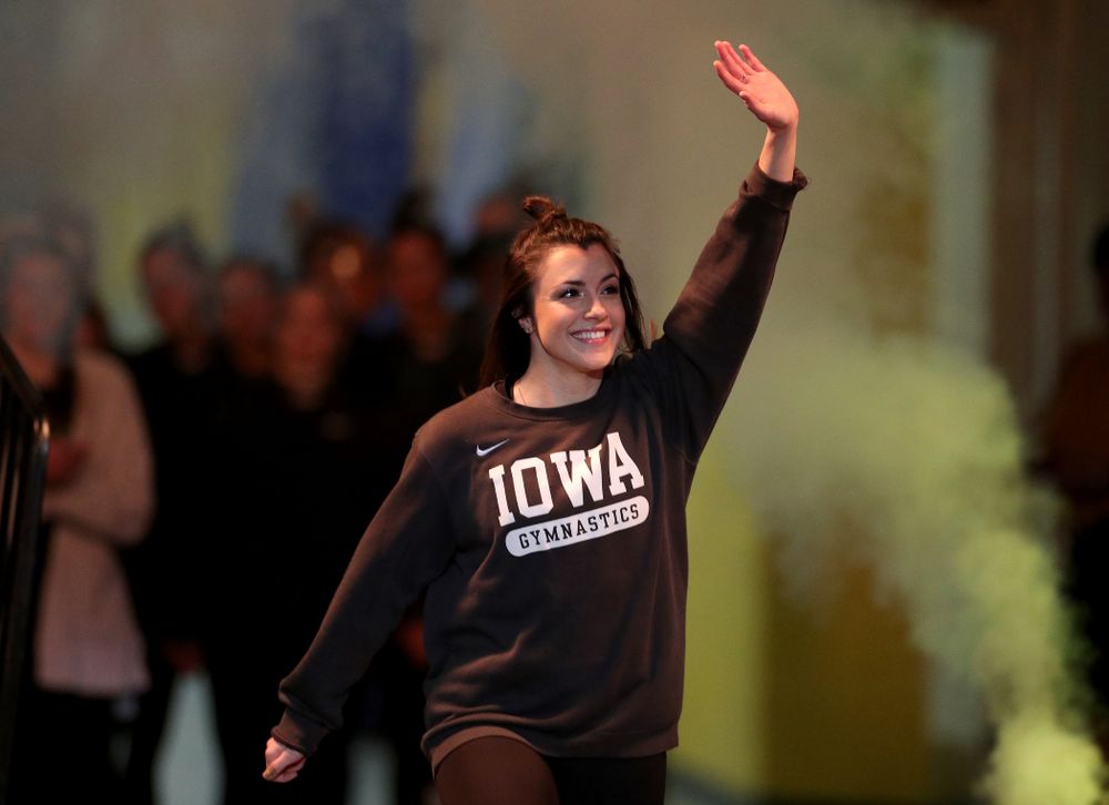 Gymhawk alumnus Nikki Youd is introduced before the Iowa Hawkeyes meet against Michigan State Saturday, February 1, 2020 at Carver-Hawkeye Arena. (Brian Ray/hawkeyesports.com)