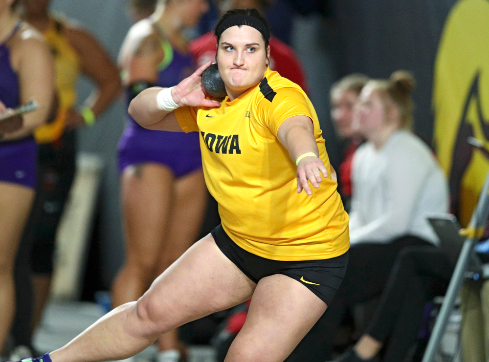 Iowa’s Jamie Kofron competes in the women’s shot put event during the Hawkeye Invitational at the Recreation Building in Iowa City on Saturday, January 11, 2020. (Stephen Mally/hawkeyesports.com)