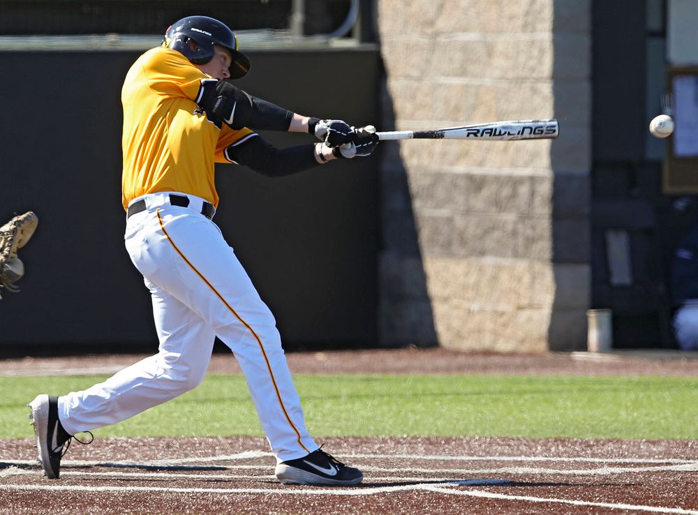 Iowa Hawkeyes first baseman Zeb Adreon (5) hits a double during the fourth inning against Illinois at Duane Banks Field in Iowa City on Sunday, Mar. 31, 2019. (Stephen Mally/hawkeyesports.com)