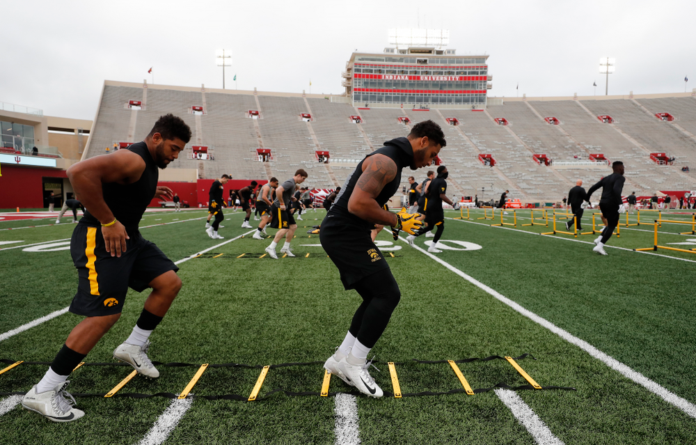 Iowa Hawkeyes defensive back Geno Stone (9) and running back Toren Young (28) against the Indiana Hoosiers Saturday, October 13, 2018 at Memorial Stadium, in Bloomington, Ind. (Brian Ray/hawkeyesports.com)