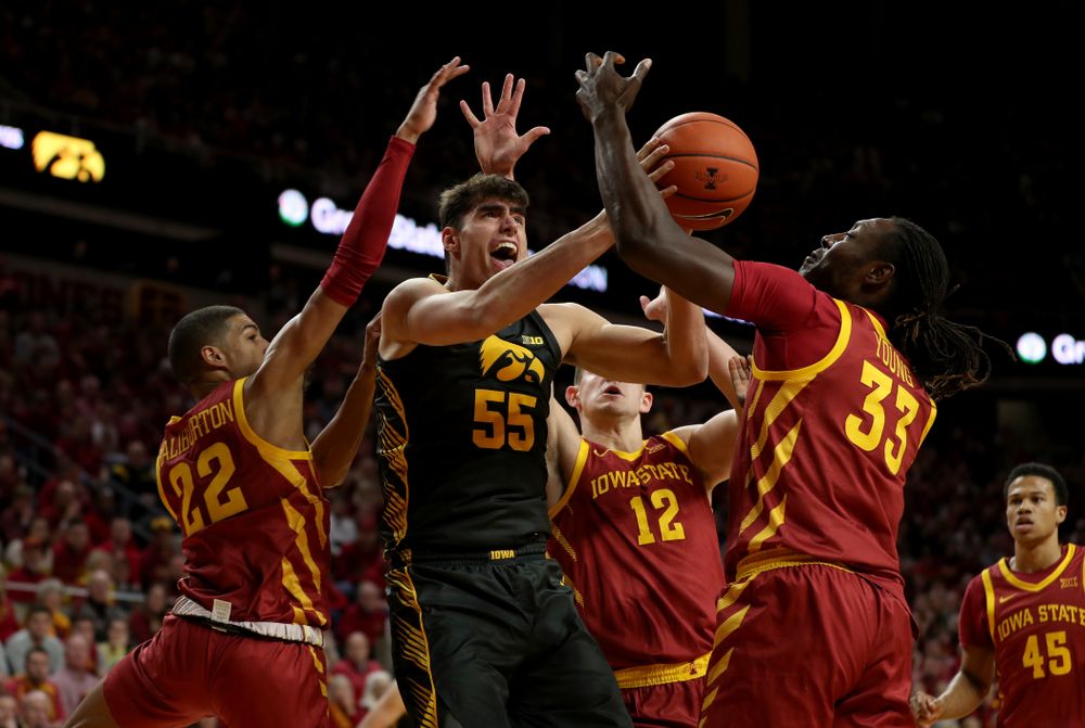 Iowa Hawkeyes forward Luka Garza (55) against the Iowa State Cyclones Thursday, December 12, 2019 at Hilton Coliseum in Ames, Iowa(Brian Ray/hawkeyesports.com)