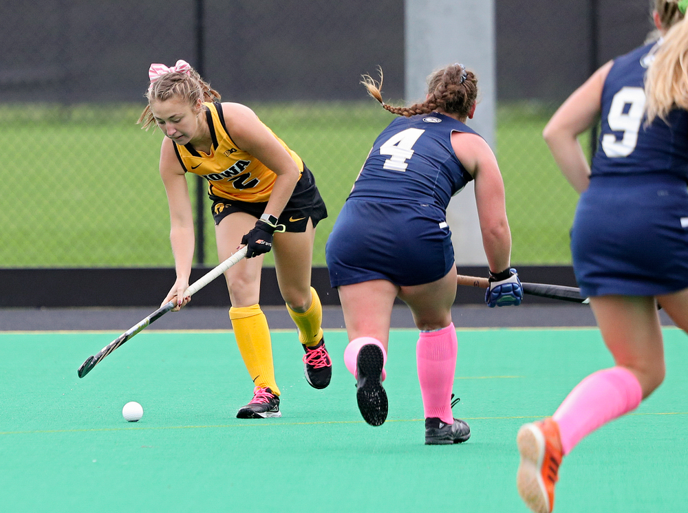Iowa’s Emily Deuell (2) handles the ball during the first quarter of their game against UC Davis at Grant Field in Iowa City on Sunday, Oct 6, 2019. (Stephen Mally/hawkeyesports.com)