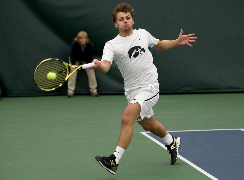 Iowa’s Will Davies and Oliver Okonkwo play a doubles match against Cornell Sunday, March 8, 2020 at the Hawkeye Tennis and Recreation Center. (Brian Ray/hawkeyesports.com)