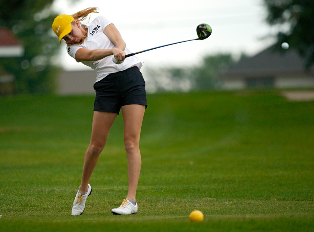 Iowa’s Annalee Dannegger tees off during their dual against Northern Iowa at Pheasant Ridge Golf Course in Cedar Falls on Monday, Sep 2, 2019. (Stephen Mally/hawkeyesports.com)