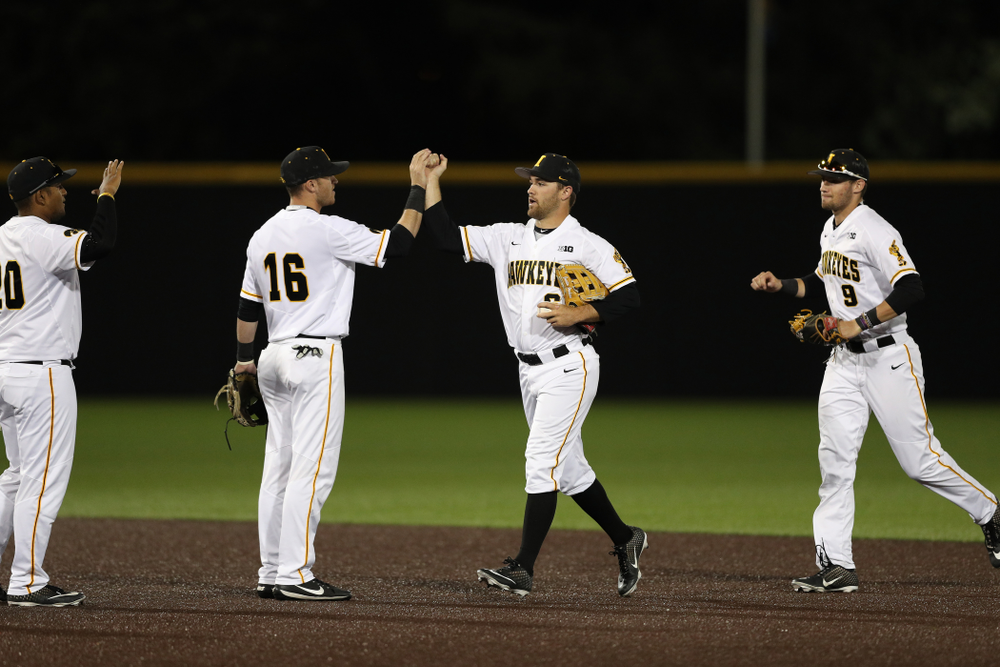 Iowa Hawkeyes outfielder Justin Jenkins (6) and Tanner Wetrich (16) against the Michigan State Spartans Friday, May 10, 2019 at Duane Banks Field. (Brian Ray/hawkeyesports.com)