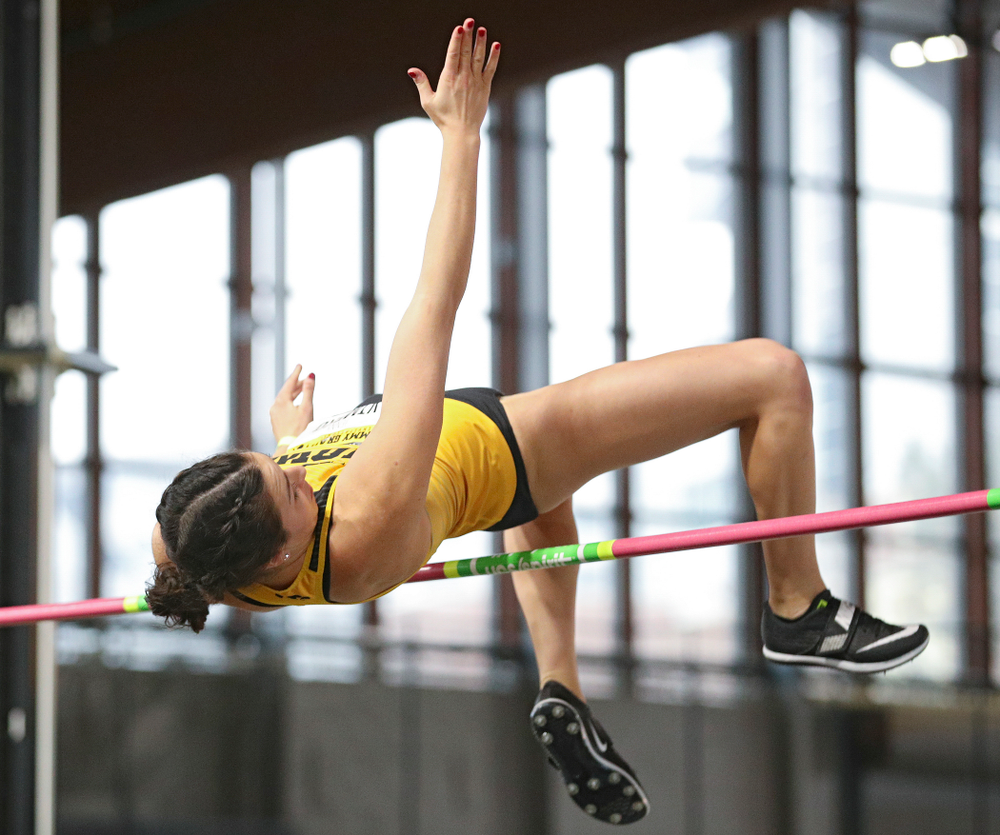 Iowa’s Jenny Kimbro competes in the women’s high jump event during the Jimmy Grant Invitational at the Recreation Building in Iowa City on Saturday, December 14, 2019. (Stephen Mally/hawkeyesports.com)