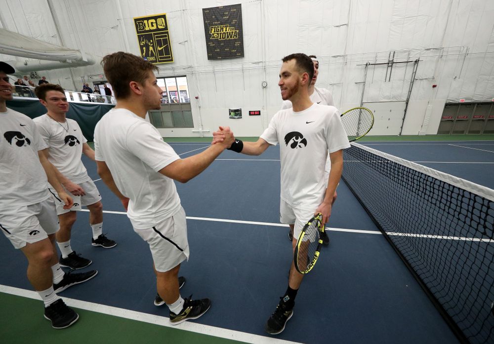 Iowa’s Karem Allaf and Nikita Snezhko play a doubles match against Cornell Sunday, March 8, 2020 at the Hawkeye Tennis and Recreation Center. (Brian Ray/hawkeyesports.com)