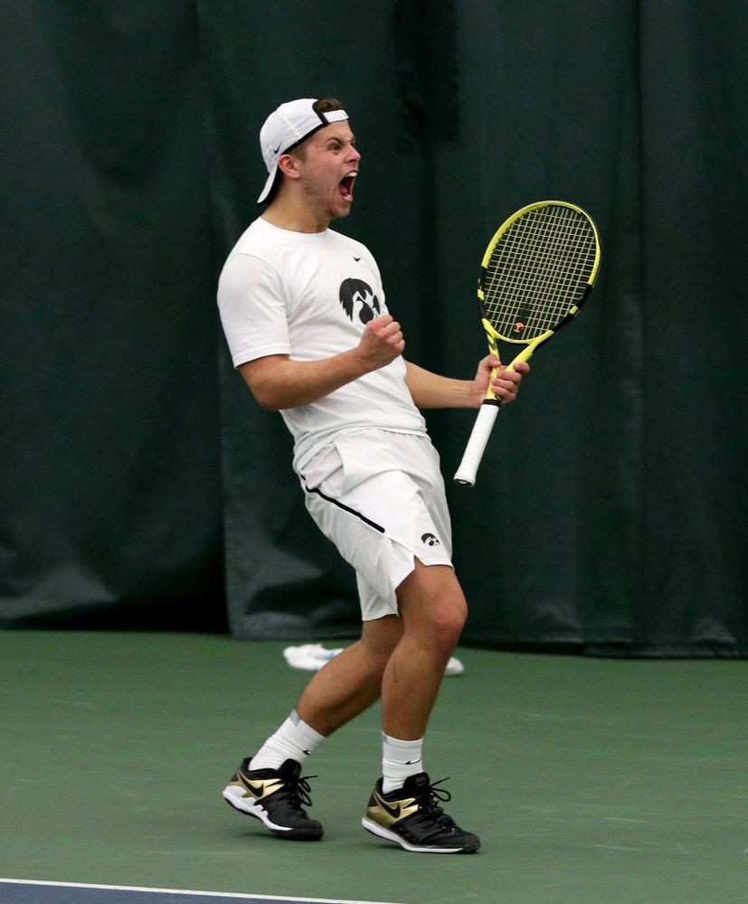 Iowa’s Will Davies against Cornell Sunday, March 8, 2020 at the Hawkeye Tennis and Recreation Center. (Brian Ray/hawkeyesports.com)