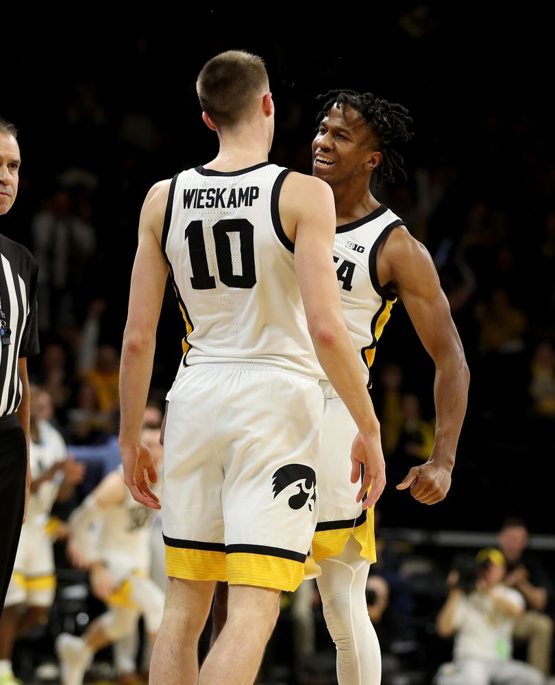 Iowa Hawkeyes guard Joe Wieskamp (10) and guard Bakari Evelyn (4) against the Michigan Wolverines Friday, January 17, 2020 at Carver-Hawkeye Arena. (Brian Ray/hawkeyesports.com)