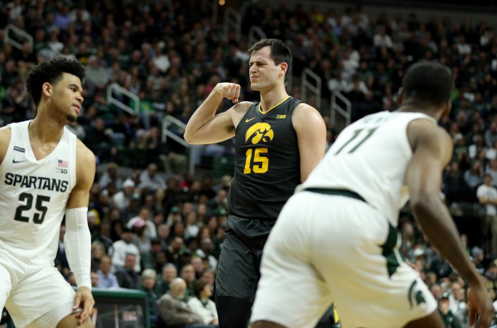 Iowa Hawkeyes forward Ryan Kriener (15) against Michigan State Tuesday, February 25, 2020 at the Breslin Center in East Lansing, MI. (Brian Ray/hawkeyesports.com)