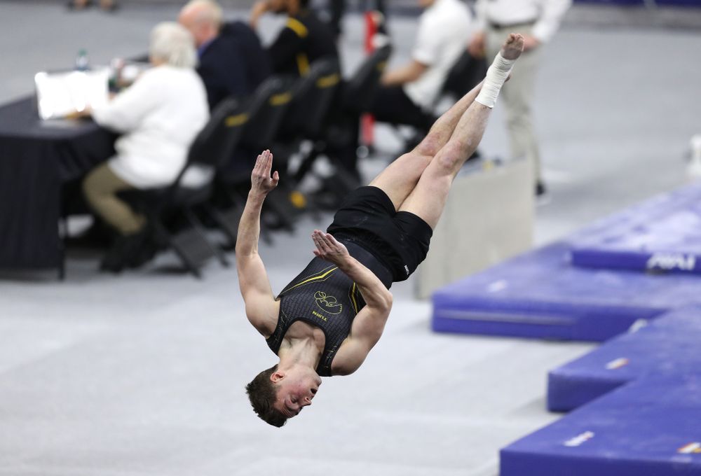 Iowa's Jake Brodarzon competes on the floor against Oklahoma Saturday, February 9, 2019 at Carver-Hawkeye Arena. (Brian Ray/hawkeyesports.com)