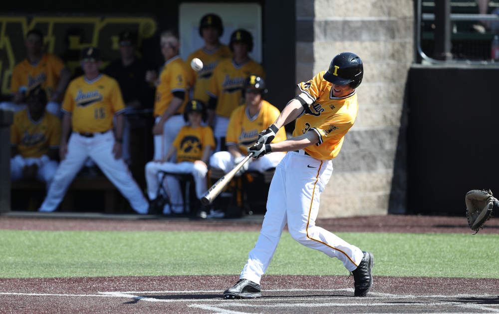 Iowa Hawkeyes Connor McCaffery (30) hits a home run against the Nebraska Cornhuskers Sunday, April 21, 2019 at Duane Banks Field. (Brian Ray/hawkeyesports.com)