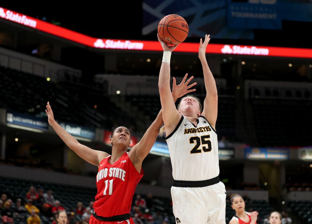 Iowa Hawkeyes forward/center Monika Czinano (25) against Ohio State in the quarterfinals of the Big Ten Basketball Tournament Friday, March 6, 2020 at Bankers Life Fieldhouse in Indianapolis. (Brian Ray/hawkeyesports.com)