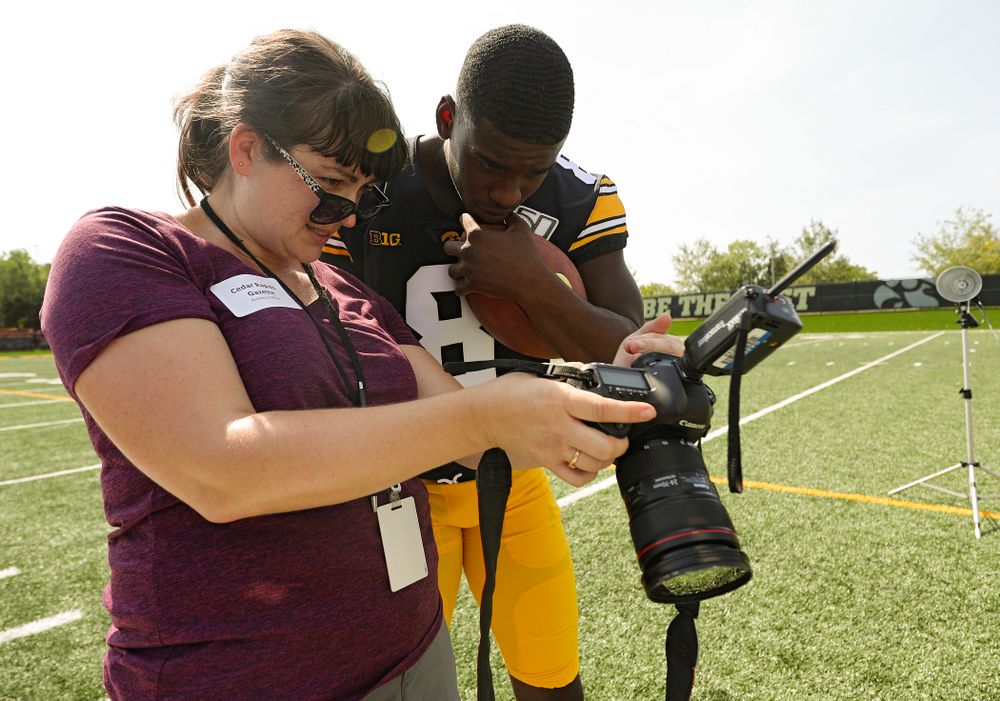Iowa Hawkeyes defensive back Matt Hankins (8) looks at a picture during Iowa Football Media Day at the Hansen Football Performance Center in Iowa City on Friday, Aug 9, 2019. (Stephen Mally/hawkeyesports.com)