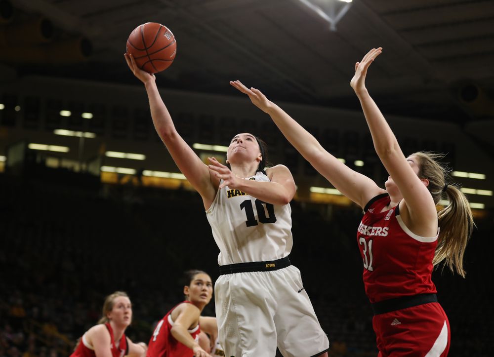 Iowa Hawkeyes forward Megan Gustafson (10) against the Nebraska Cornhuskers Thursday, January 3, 2019 at Carver-Hawkeye Arena. (Brian Ray/hawkeyesports.com)