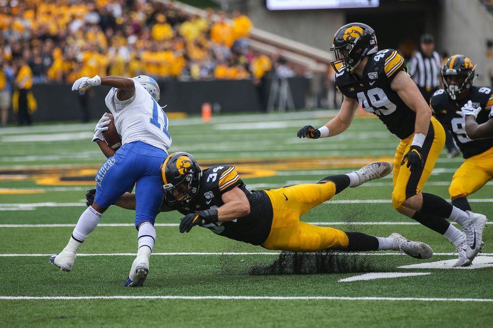 Iowa Hawkeyes linebacker Kristian Welch (34) and Iowa Hawkeyes linebacker Nick Niemann (49) against Middle Tennessee Saturday, September 28, 2019 at Kinnick Stadium. (Lily Smith/hawkeyesports.com)