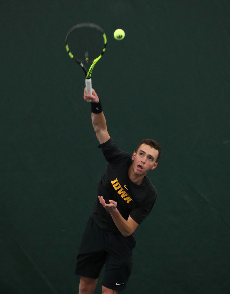 Iowa's Kareem Allaf against UMKC Friday, February 15, 2019 at the Hawkeye Tennis and Recreation Complex. (Brian Ray/hawkeyesports.com)