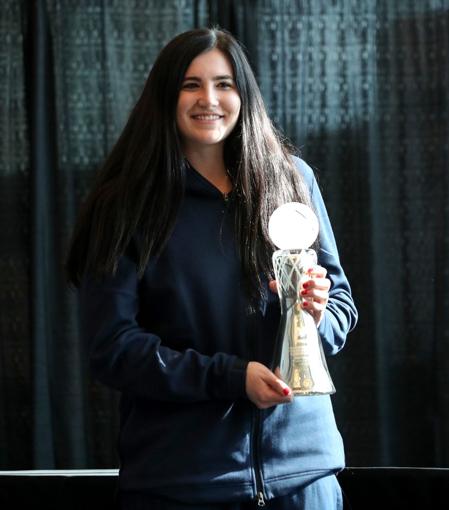Iowa Hawkeyes forward Megan Gustafson (10) receives the Associated Press Player of the Year award during a news conference Wednesday, April 4, 2018 at Amalie Arena in Tampa, FL. (Brian Ray/hawkeyesports.com)