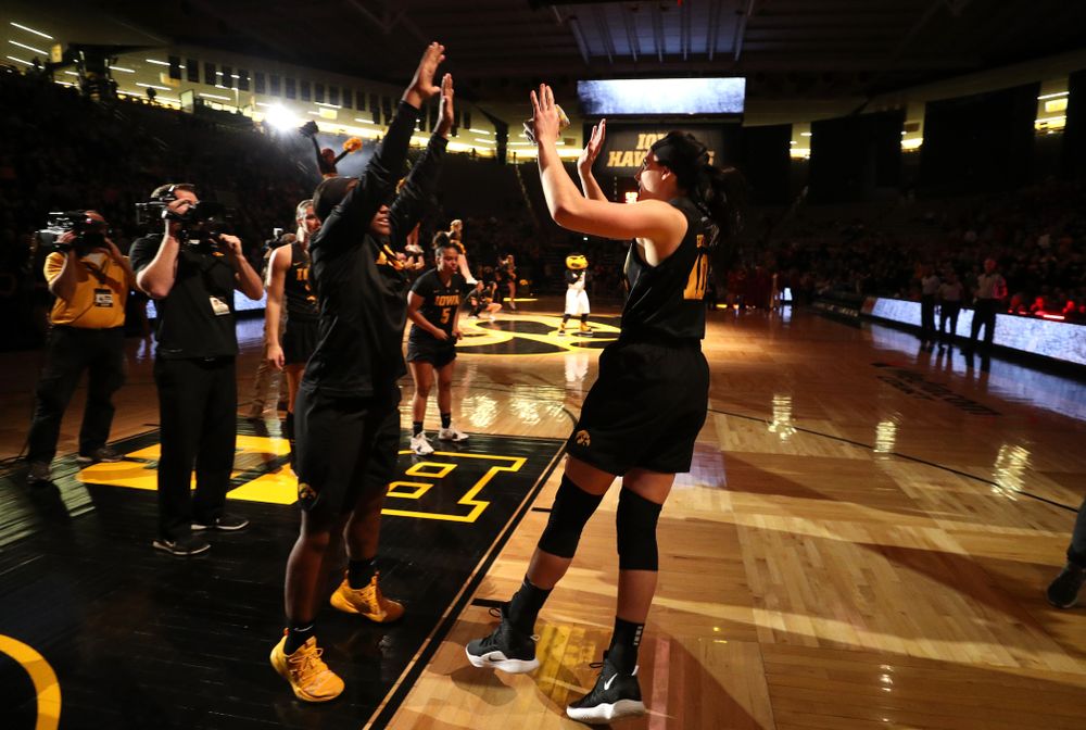 Iowa Hawkeyes forward Megan Gustafson (10) and guard Alexis Sevillian (5) against the Iowa State Cyclones in the Iowa Corn Cy-Hawk Series Wednesday, December 5, 2018 at Carver-Hawkeye Arena. (Brian Ray/hawkeyesports.com)