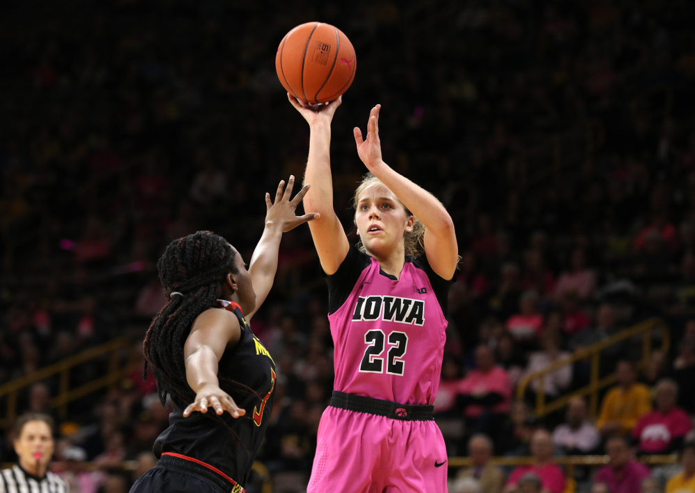 Iowa Hawkeyes guard Kathleen Doyle (22) against the seventh ranked Maryland Terrapins Sunday, February 17, 2019 at Carver-Hawkeye Arena. (Brian Ray/hawkeyesports.com)