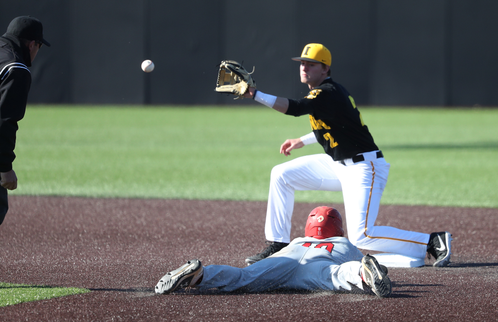 Iowa Hawkeyes infielder Brendan Sher (2) against the Bradley Braves Tuesday, March 26, 2019 at Duane Banks Field. (Brian Ray/hawkeyesports.com)