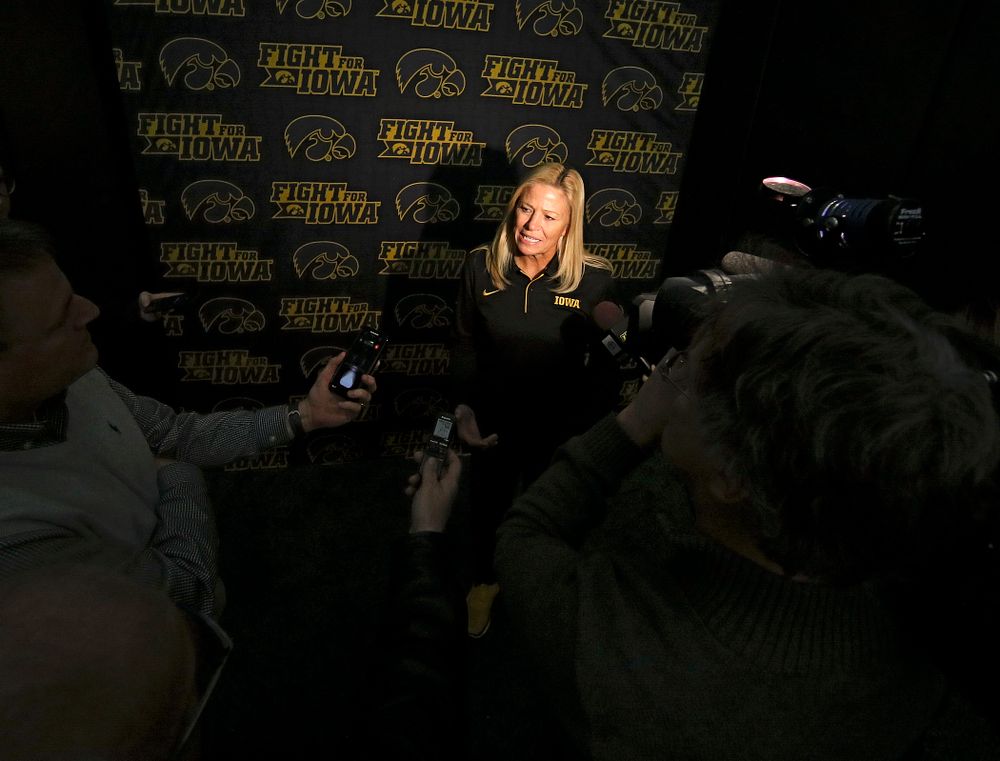 Iowa head coach Renee Gillispie answers questions during Iowa Softball Media Day at the Hawkeye Tennis and Recreation Complex in Iowa City on Thursday, January 30, 2020. (Stephen Mally/hawkeyesports.com)