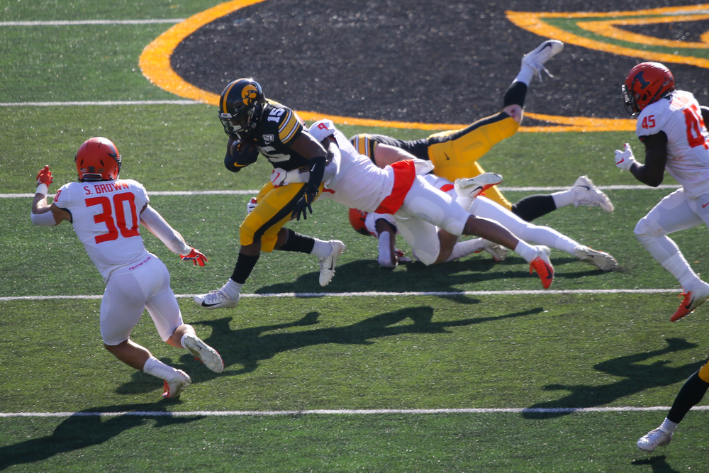 Iowa Hawkeyes running back Tyler Goodson (15) during Iowa football vs Illinois on Saturday, November 23, 2019 at Kinnick Stadium. (Lily Smith/hawkeyesports.com)