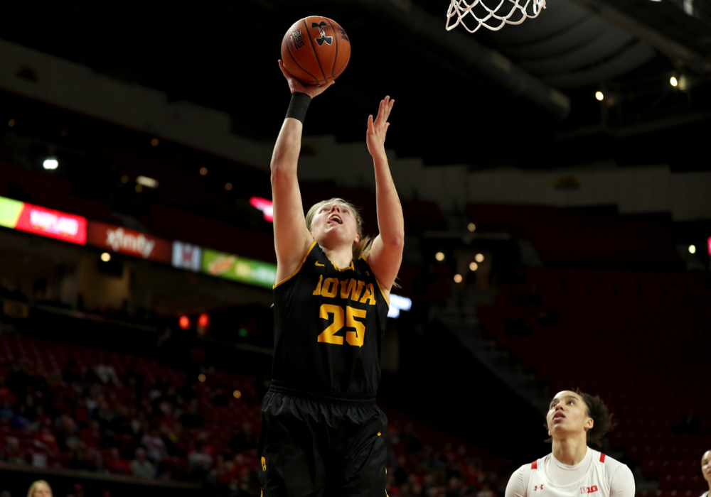 Iowa Hawkeyes forward/center Monika Czinano (25) against the Maryland Terrapins Thursday, February 13, 2020 at the Xfinity Center in College Park, MD. (Brian Ray/hawkeyesports.com)