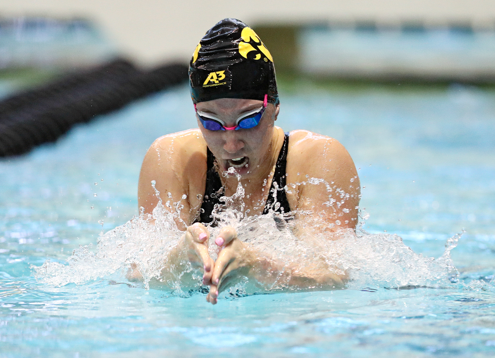 Iowa’s Sage Ohlensehlen swims the women’s 100 yard breaststroke preliminary event during the 2020 Women’s Big Ten Swimming and Diving Championships at the Campus Recreation and Wellness Center in Iowa City on Friday, February 21, 2020. (Stephen Mally/hawkeyesports.com)