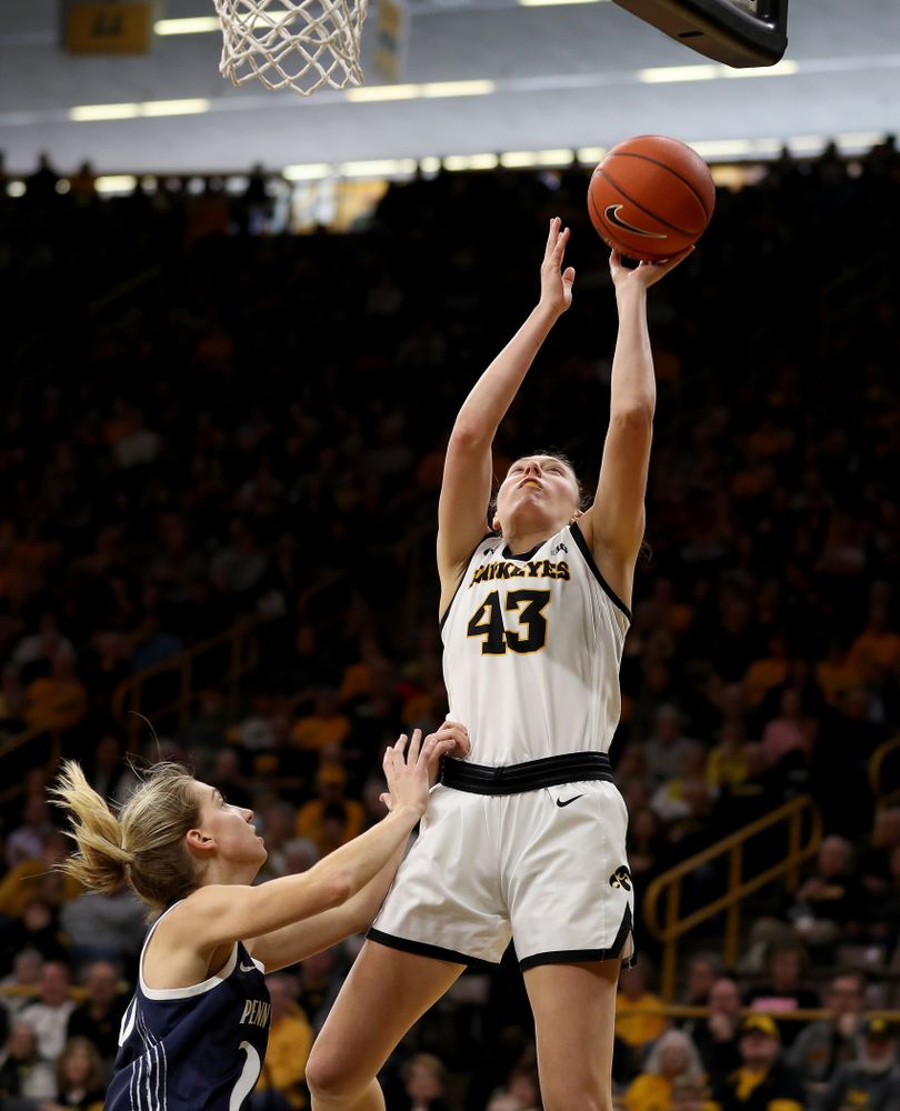 Iowa Hawkeyes forward Amanda Ollinger (43) against Penn State Saturday, February 22, 2020 at Carver-Hawkeye Arena. (Brian Ray/hawkeyesports.com)
