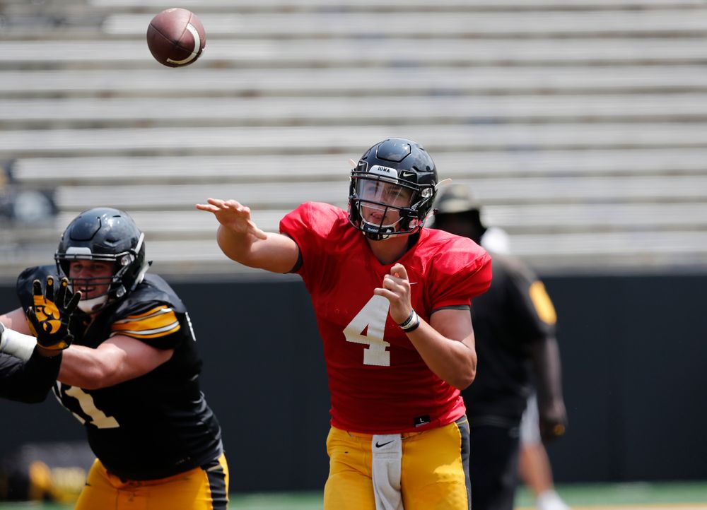 Iowa Hawkeyes quarterback Nathan Stanley (4) during Kids Day Saturday, August 11, 2018 at Kinnick Stadium. (Brian Ray/hawkeyesports.com)