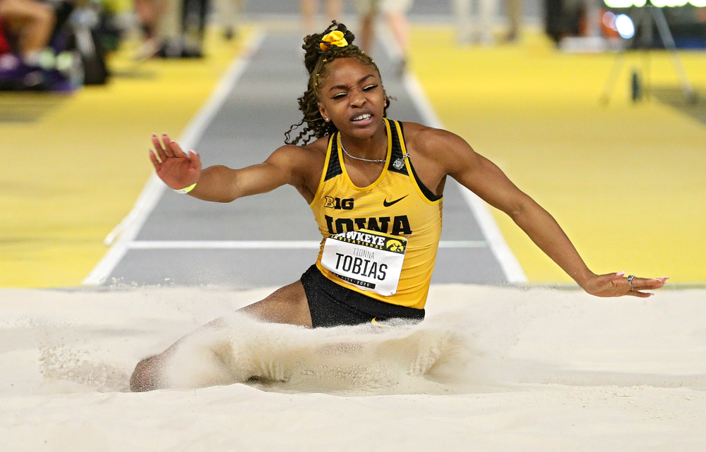 Iowa’s Tionna Tobias competes in the women’s long jump event during the Hawkeye Invitational at the Recreation Building in Iowa City on Saturday, January 11, 2020. (Stephen Mally/hawkeyesports.com)