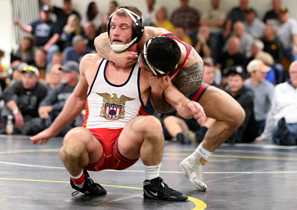 Iowa’s Pat Lugo (right) drags Zach Axmear to the mat from behind during their preseason match at the Dan Gable Wrestling Complex at Carver-Hawkeye Arena in Iowa City on Thursday, Nov 7, 2019. (Stephen Mally/hawkeyesports.com)