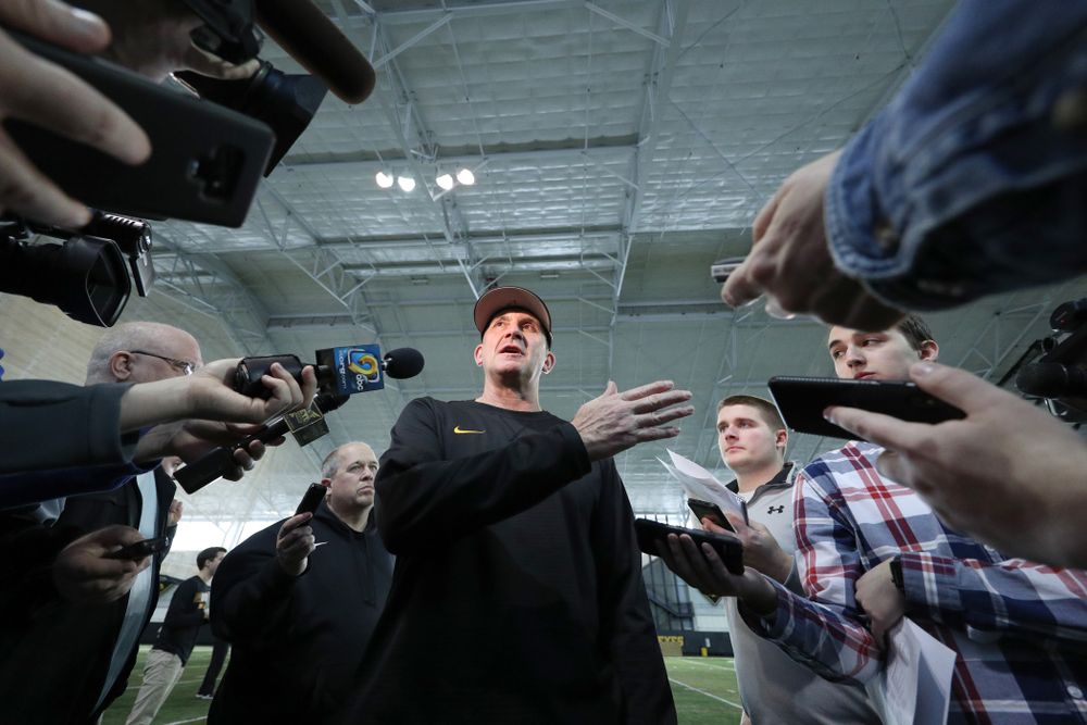 Iowa Hawkeyes head coach Rick Heller answers questions from reporters during their annual media day Thursday, February 6, 2020 at the Indoor Practice Facility. (Brian Ray/hawkeyesports.com)
