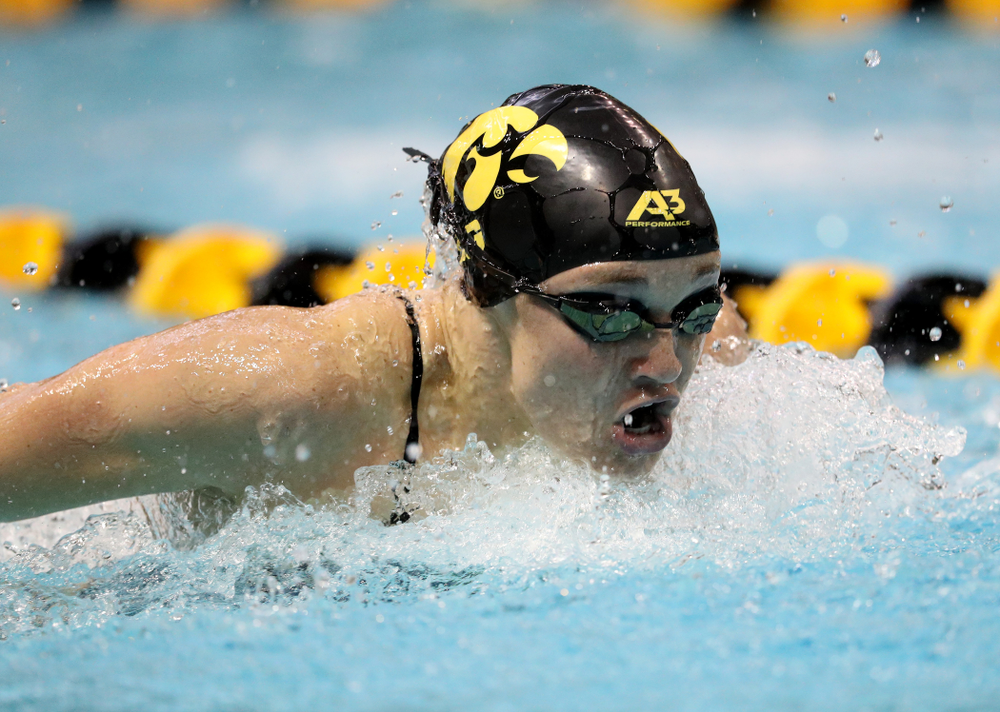 IowaÕs Grace Reeder competes in the 200 yard butterfly against Notre Dame and Illinois Saturday, January 11, 2020 at the Campus Recreation and Wellness Center. (Brian Ray/hawkeyesports.com)