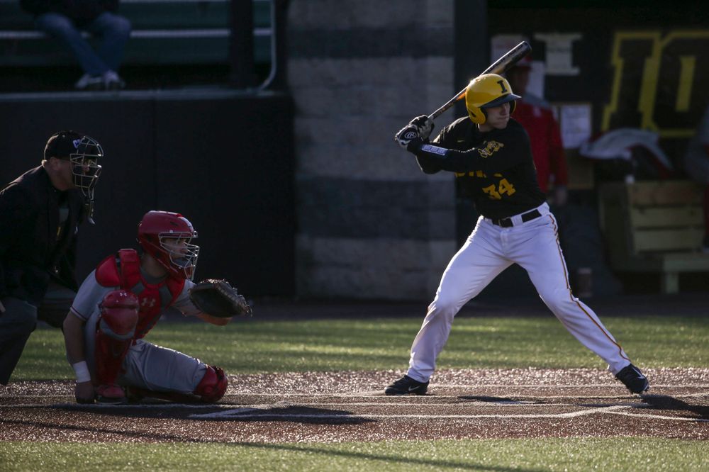 Iowa catcher Austin Martin at the game vs. Bradley on Tuesday, March 26, 2019 at (place). (Lily Smith/hawkeyesports.com)