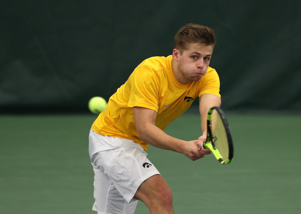 Will Davies against Utah Sunday, February 10, 2019 at the Hawkeye Tennis and Recreation Complex. (Brian Ray/hawkeyesports.com)